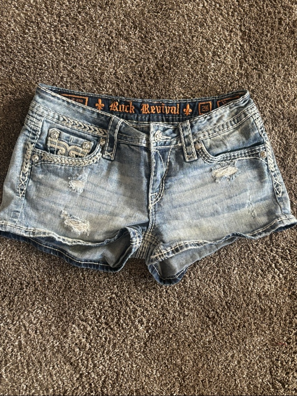 Rock Revival Light Blue Distressed Braided-Trim Denim Shorts